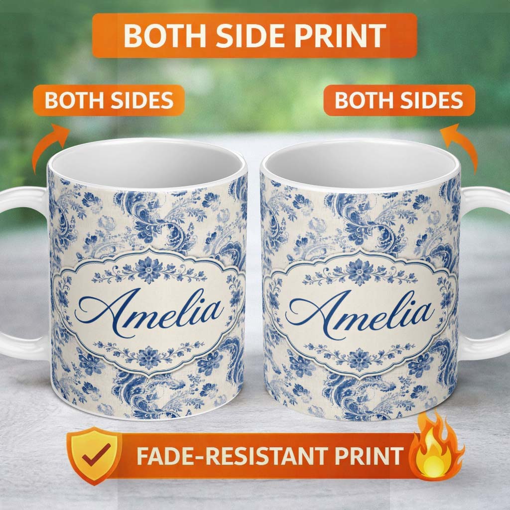 Personalized Custom Name Soft Blue Vintage Floral Paisley Seamless Pattern Name Cute Unique 11oz Ceramic Coffee Tea Mug White Large Handle