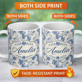 Personalized Custom Name Soft Blue Vintage Floral Paisley Seamless Pattern Name Cute Unique 11oz Ceramic Coffee Tea Mug White Large Handle