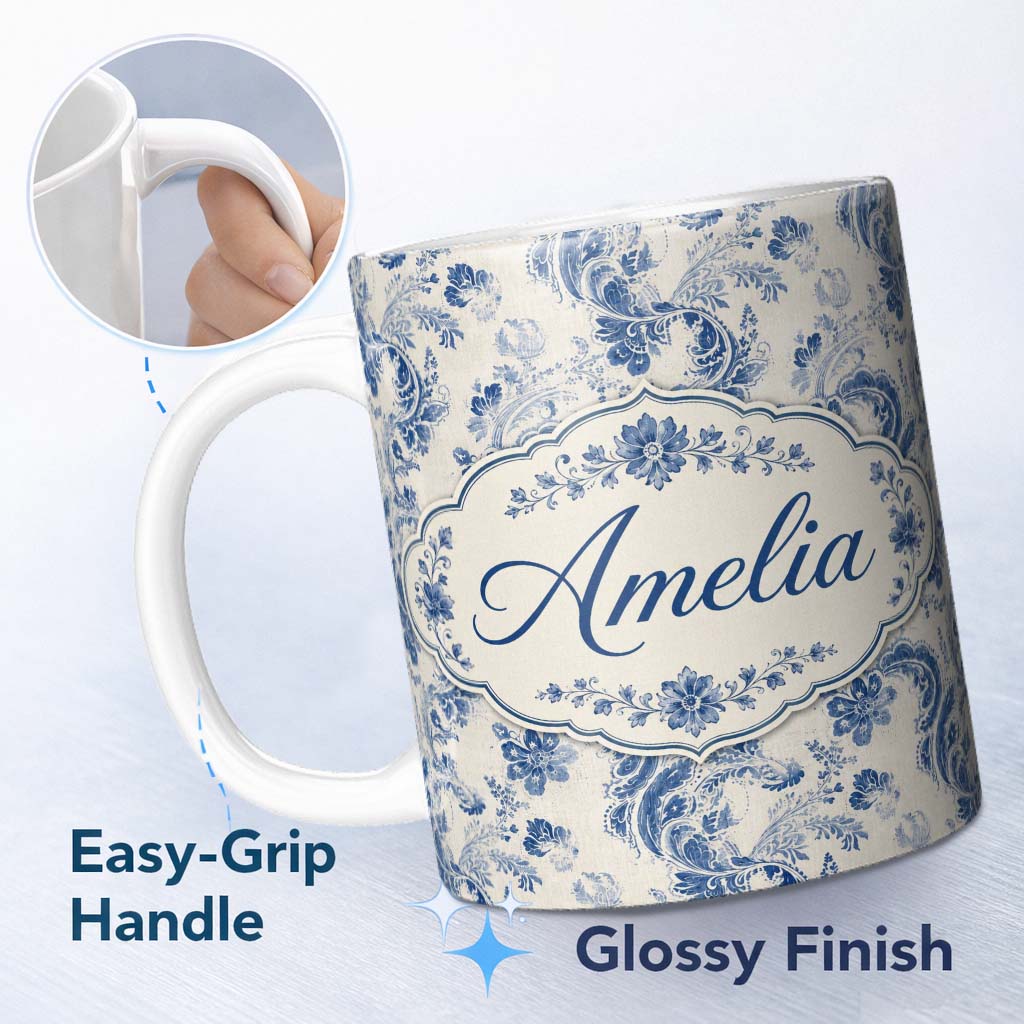 Personalized Custom Name Soft Blue Vintage Floral Paisley Seamless Pattern Name Cute Unique 11oz Ceramic Coffee Tea Mug White Large Handle