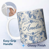 Personalized Custom Name Soft Blue Vintage Floral Paisley Seamless Pattern Name Cute Unique 11oz Ceramic Coffee Tea Mug White Large Handle