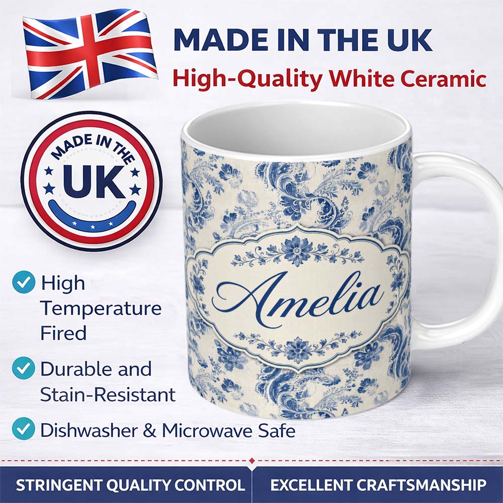 Personalized Custom Name Soft Blue Vintage Floral Paisley Seamless Pattern Name Cute Unique 11oz Ceramic Coffee Tea Mug White Large Handle