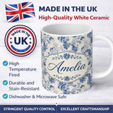 Personalized Custom Name Soft Blue Vintage Floral Paisley Seamless Pattern Name Cute Unique 11oz Ceramic Coffee Tea Mug White Large Handle