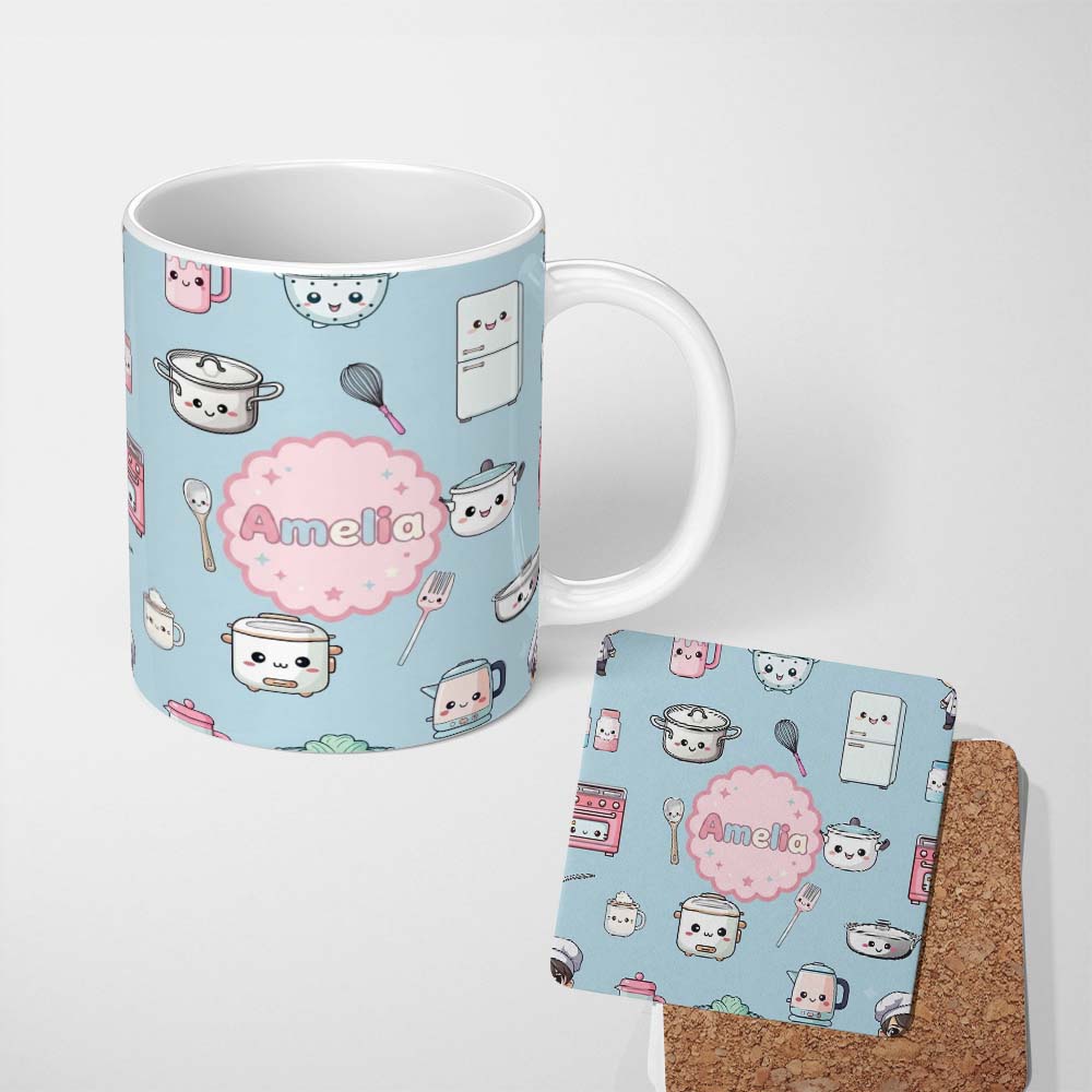 Personalized Custom Name Cute Kawaii Kitchen Utensils Chef Girl Seamless Pattern Name Unique 11oz Ceramic Coffee Tea Mug White Large Handle