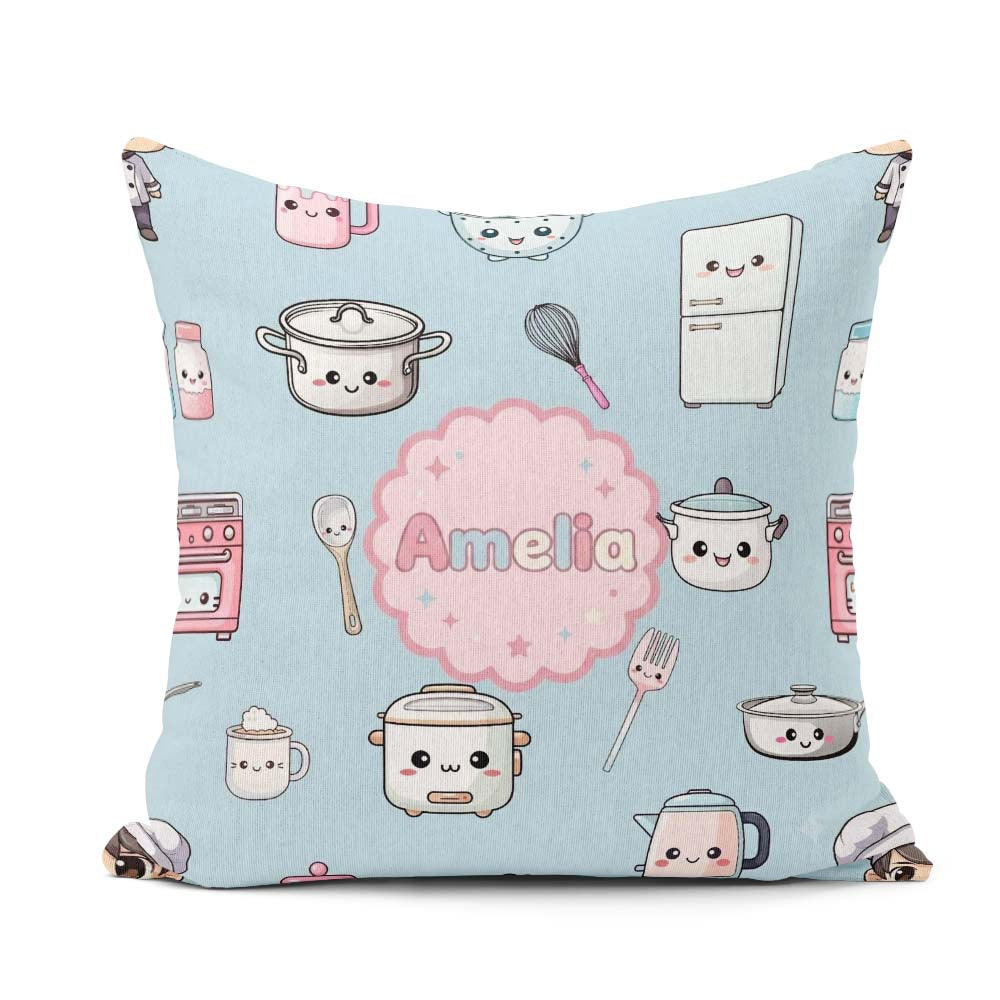 Custom Name Cute Kawaii Utensils Chef Girl Seamless Pattern Name Square Filled Cushion Throw Pillow Sofa Bed Home Decor Zip Washable UK Made