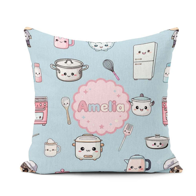Custom Name Cute Kawaii Utensils Chef Girl Seamless Pattern Name Square Filled Cushion Throw Pillow Sofa Bed Home Decor Zip Washable UK Made