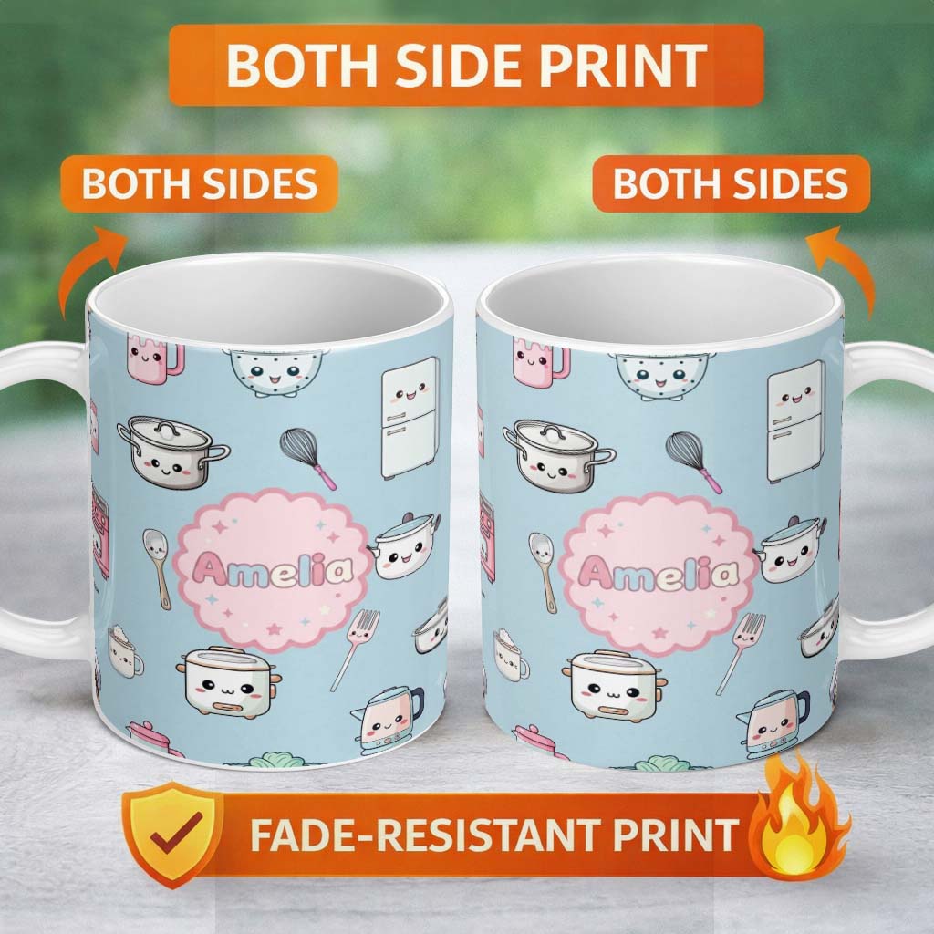 Personalized Custom Name Cute Kawaii Kitchen Utensils Chef Girl Seamless Pattern Name Unique 11oz Ceramic Coffee Tea Mug White Large Handle
