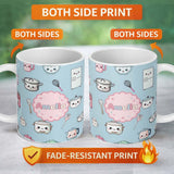 Personalized Custom Name Cute Kawaii Kitchen Utensils Chef Girl Seamless Pattern Name Unique 11oz Ceramic Coffee Tea Mug White Large Handle