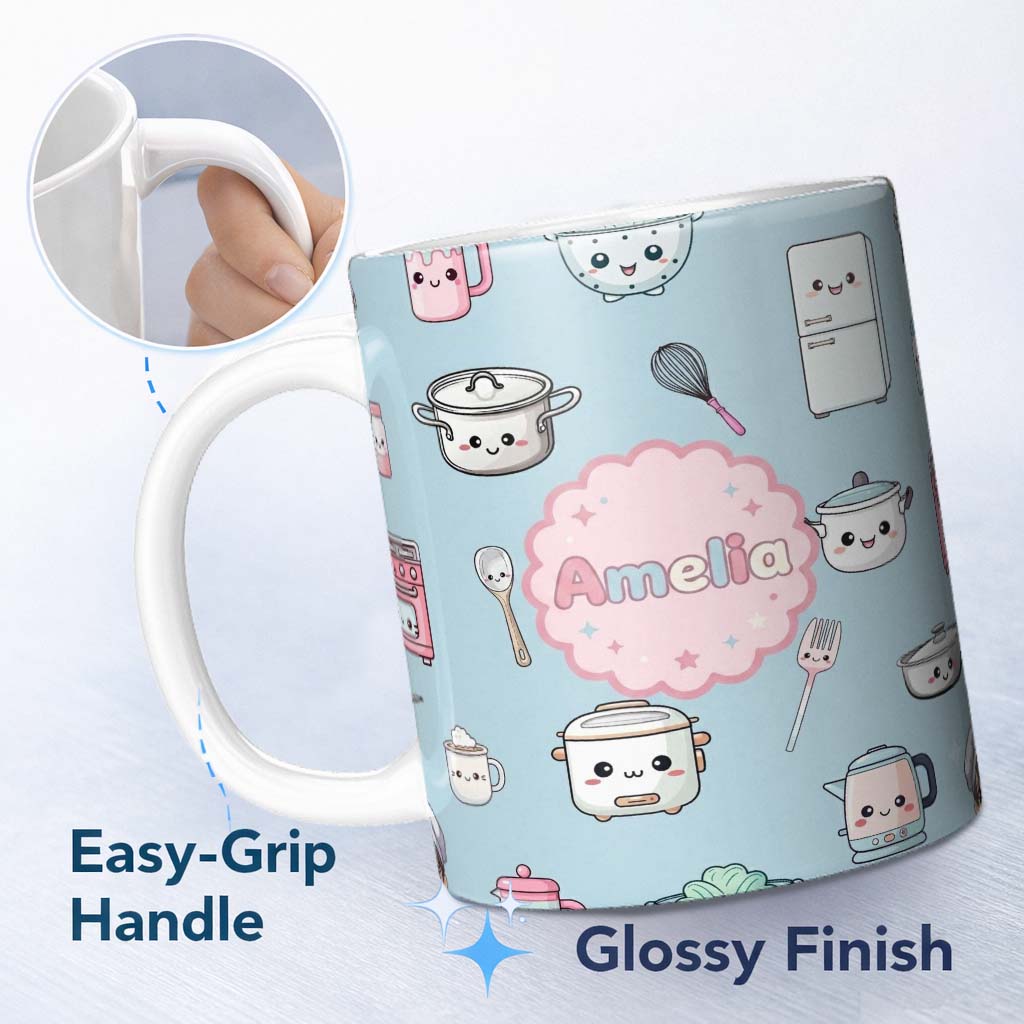 Personalized Custom Name Cute Kawaii Kitchen Utensils Chef Girl Seamless Pattern Name Unique 11oz Ceramic Coffee Tea Mug White Large Handle