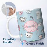 Personalized Custom Name Cute Kawaii Kitchen Utensils Chef Girl Seamless Pattern Name Unique 11oz Ceramic Coffee Tea Mug White Large Handle
