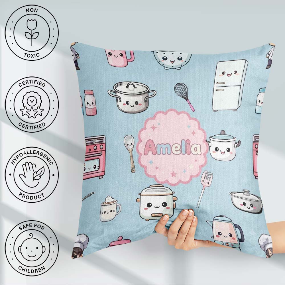 Custom Name Cute Kawaii Utensils Chef Girl Seamless Pattern Name Square Filled Cushion Throw Pillow Sofa Bed Home Decor Zip Washable UK Made