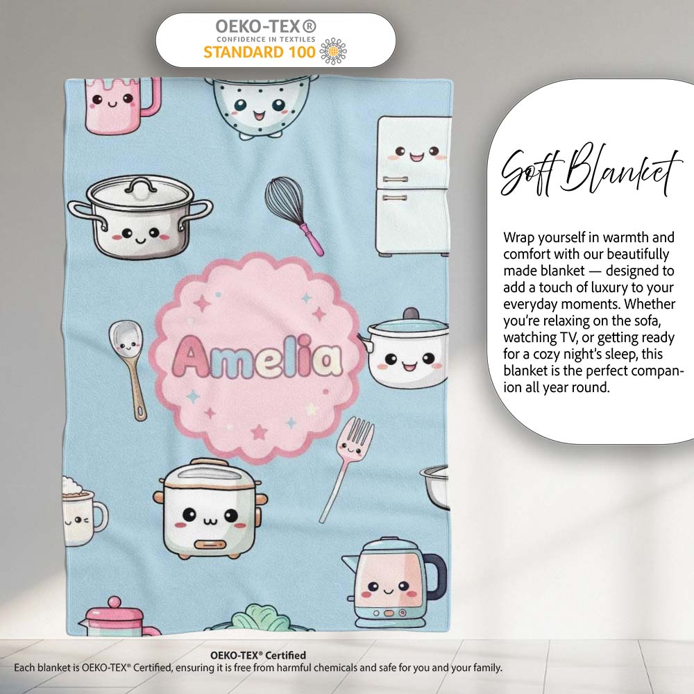Cute Kawaii  Utensils Chef Girl Seamless Pattern Name Unique  Personalised Custom Name Super Soft Fleece Blanket Bed Sofa Throw