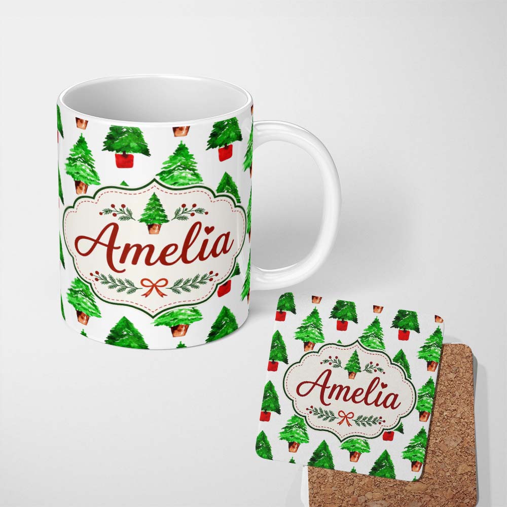 Personalized Custom Name Watercolor Christmas Tree in Pots Hand Painted Seamless Pattern 11oz Ceramic Coffee Tea Mug White Large Handle