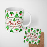 Personalized Custom Name Watercolor Christmas Tree in Pots Hand Painted Seamless Pattern 11oz Ceramic Coffee Tea Mug White Large Handle