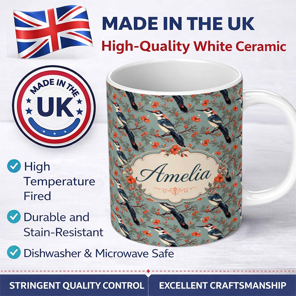 Personalized Custom Name Vintage Style Bird with Red Flowers on Blue Background Seamless 11oz Ceramic Coffee Tea Mug White Large Handle