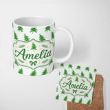 Personalized Custom Name Minimal Christmas Trees with Yellow Lights Simple Cute Seamless 11oz Ceramic Coffee Tea Mug White Large Handle
