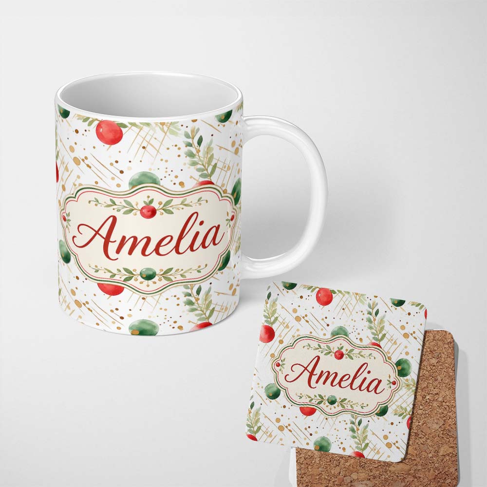Personalized Custom Name Modern Red Green Baubles Gold Splash Festive Seamless Pattern Lovely 11oz Ceramic Coffee Tea Mug White Large Handle