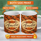 Personalized Custom Name Bold Orange Chrysanthemum Floral on Black Seamless Pattern Lovely 11oz Ceramic Coffee Tea Mug White Large Handle
