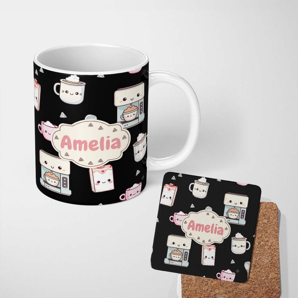 Personalized Custom Name Cute Kawaii Coffee Kitchen Appliances Seamless Pattern Name Unique 11oz Ceramic Coffee Tea Mug White Large Handle