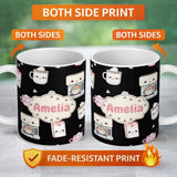 Personalized Custom Name Cute Kawaii Coffee Kitchen Appliances Seamless Pattern Name Unique 11oz Ceramic Coffee Tea Mug White Large Handle