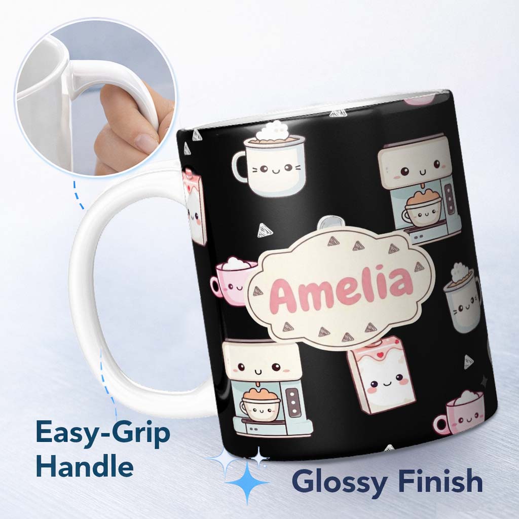 Personalized Custom Name Cute Kawaii Coffee Kitchen Appliances Seamless Pattern Name Unique 11oz Ceramic Coffee Tea Mug White Large Handle