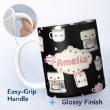 Personalized Custom Name Cute Kawaii Coffee Kitchen Appliances Seamless Pattern Name Unique 11oz Ceramic Coffee Tea Mug White Large Handle