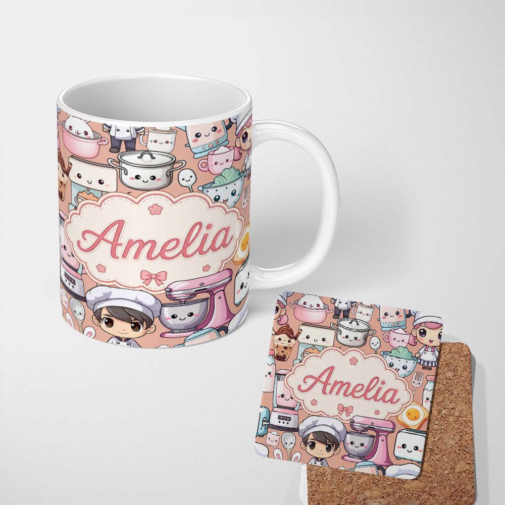 Personalized Custom Name Cute Kawaii Baking Girl Kitchen Utensils Seamless Pattern Name 11oz Ceramic Coffee Tea Mug White Large Handle