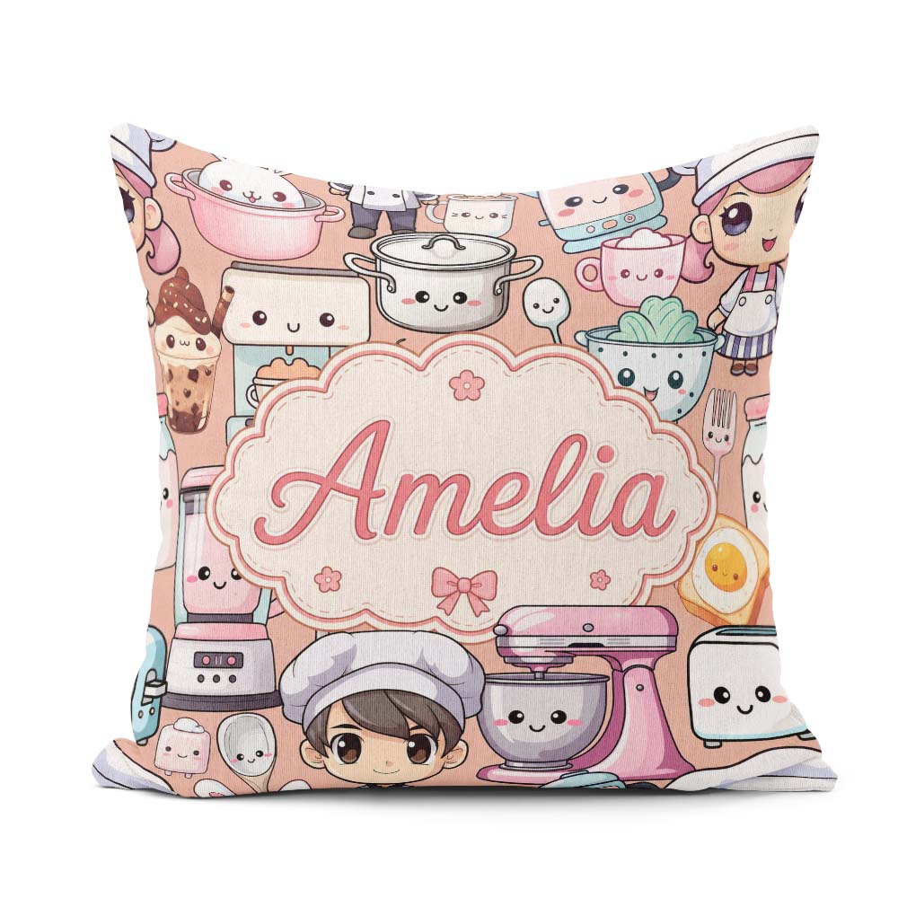 Custom Name Kawaii Baking Girl Utensils Seamless Pattern Name Square Filled Cushion Throw Pillow Sofa Bed Home Decor Zip Washable UK Made