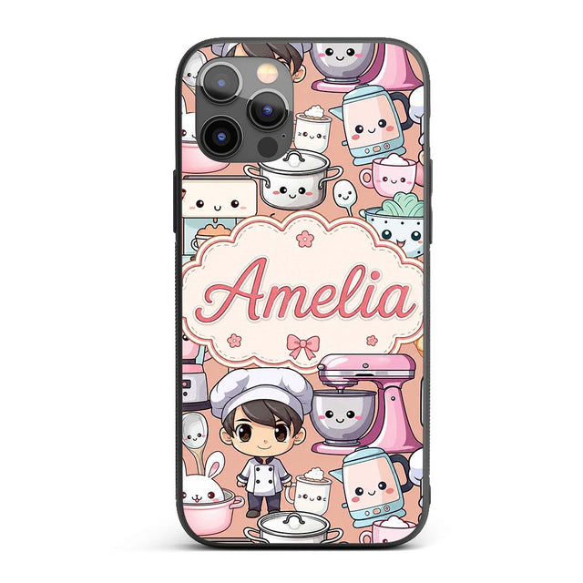 Cute Kawaii Baking Girl Utensils Seamless Pattern Custom Name Protective Phone Case Mobile Cover Durable Everyday Smartphone Shock Resistant