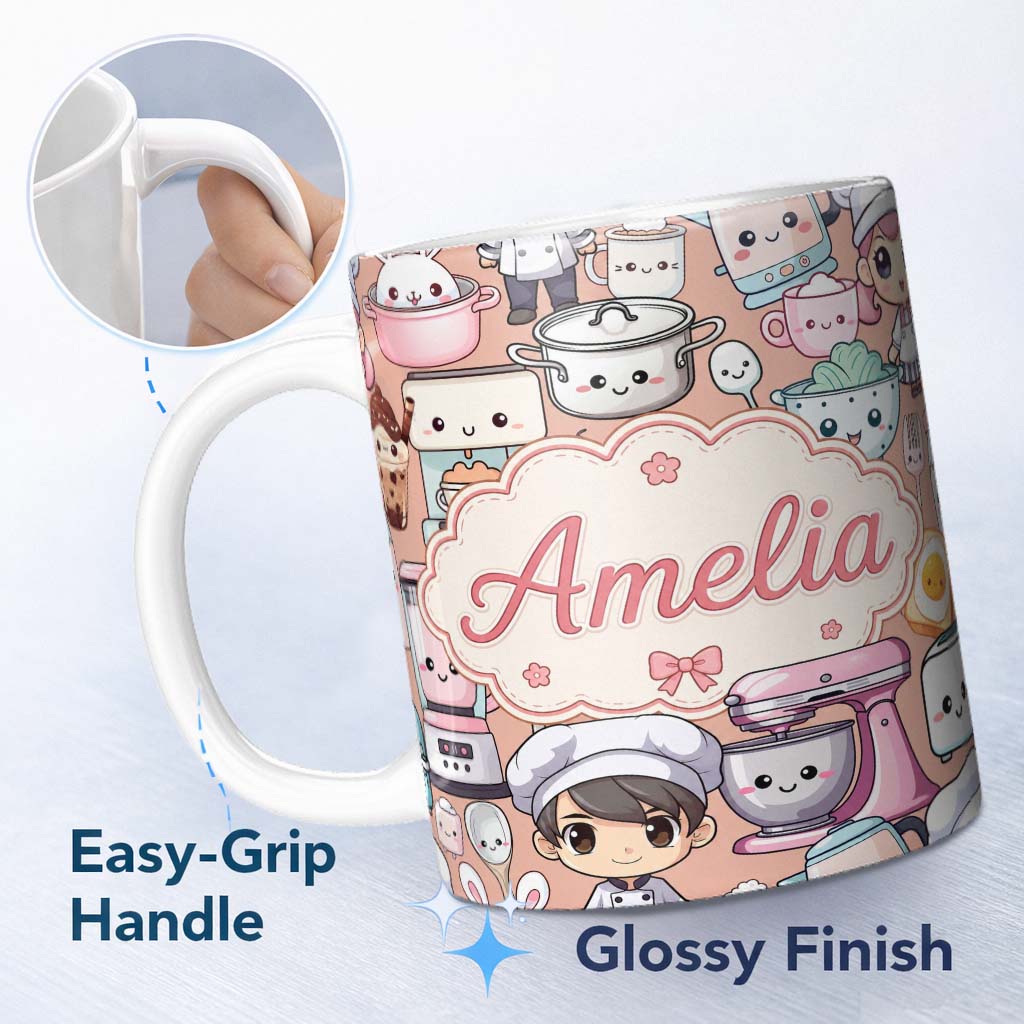 Personalized Custom Name Cute Kawaii Baking Girl Kitchen Utensils Seamless Pattern Name 11oz Ceramic Coffee Tea Mug White Large Handle