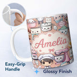 Personalized Custom Name Cute Kawaii Baking Girl Kitchen Utensils Seamless Pattern Name 11oz Ceramic Coffee Tea Mug White Large Handle