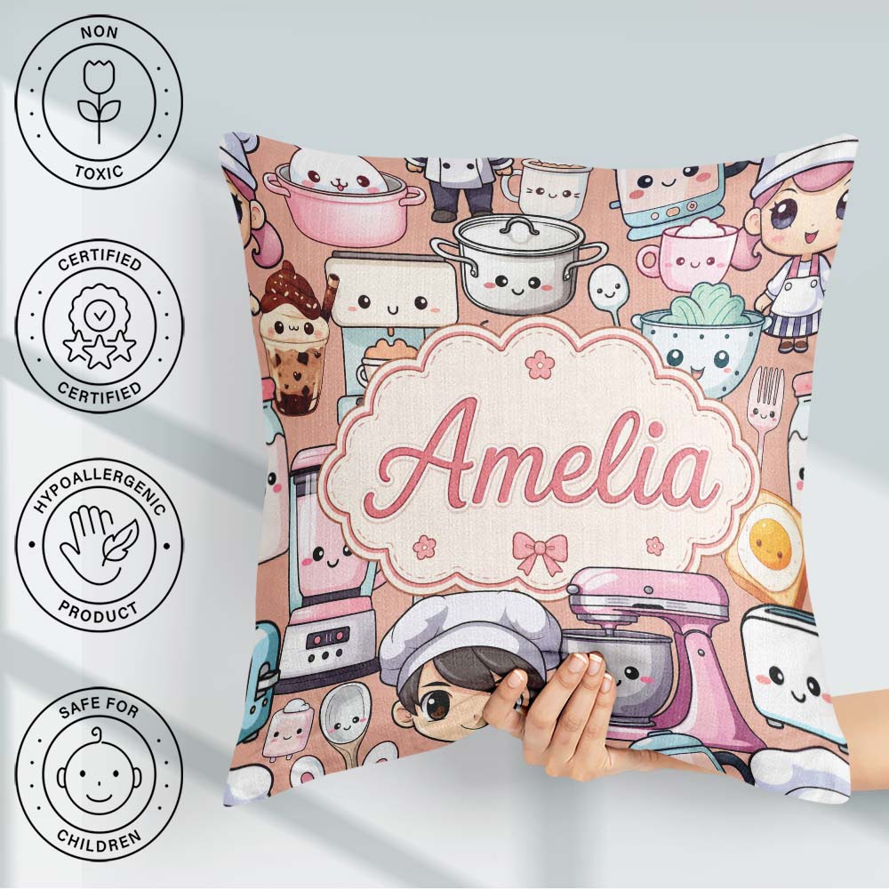 Custom Name Kawaii Baking Girl Utensils Seamless Pattern Name Square Filled Cushion Throw Pillow Sofa Bed Home Decor Zip Washable UK Made