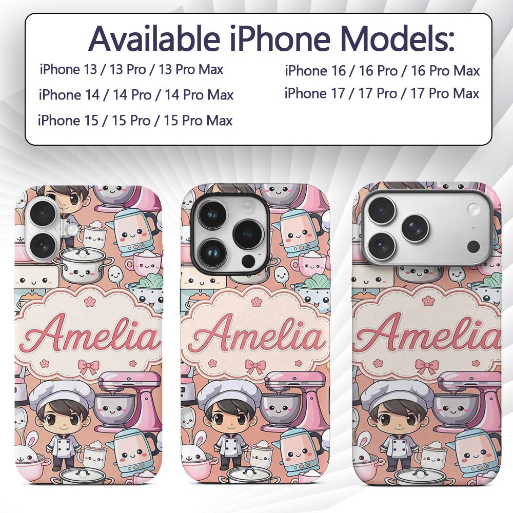 Cute Kawaii Baking Girl Utensils Seamless Pattern Custom Name Protective Phone Case Mobile Cover Durable Everyday Smartphone Shock Resistant