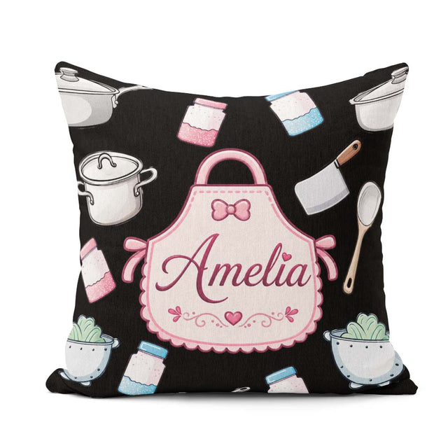 Custom Name Cute Minimal Utensils Apron Cooking Seamless Pattern Square Filled Cushion Throw Pillow Sofa Bed Home Decor Zip Washable UK Made