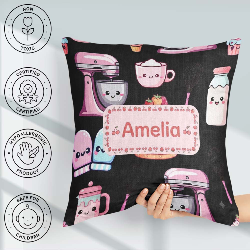 Custom Name Kawaii Cake Mixer Baking Tools Seamless Pattern Name Square Filled Cushion Throw Pillow Sofa Bed Home Decor Zip Washable UK Made