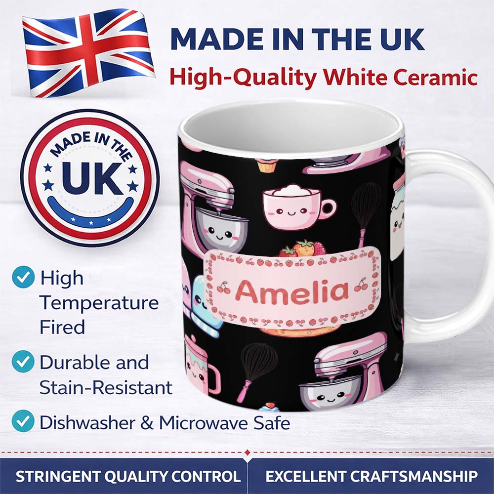 Personalized Custom Name Cute Kawaii Cake Mixer Baking Tools Seamless Pattern Name Unique 11oz Ceramic Coffee Tea Mug White Large Handle