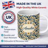 Personalized Custom Name Navy Blue Background Yellow Daisy Floral Seamless Pattern Lovely 11oz Ceramic Coffee Tea Mug White Large Handle