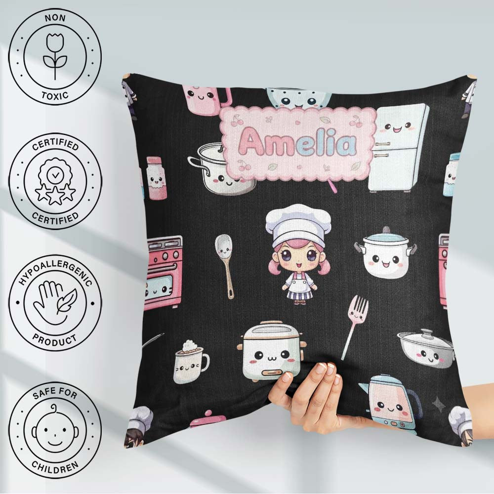 Custom Name Kawaii Chef Girl Appliances Seamless Pattern Name Square Filled Cushion Throw Pillow Sofa Bed Home Decor Zip Washable UK Made