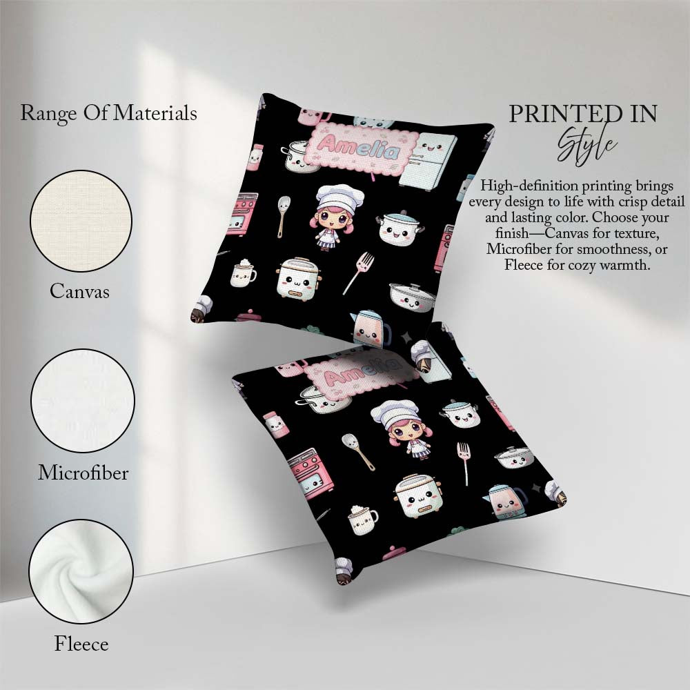 Custom Name Kawaii Chef Girl Appliances Seamless Pattern Name Square Filled Cushion Throw Pillow Sofa Bed Home Decor Zip Washable UK Made