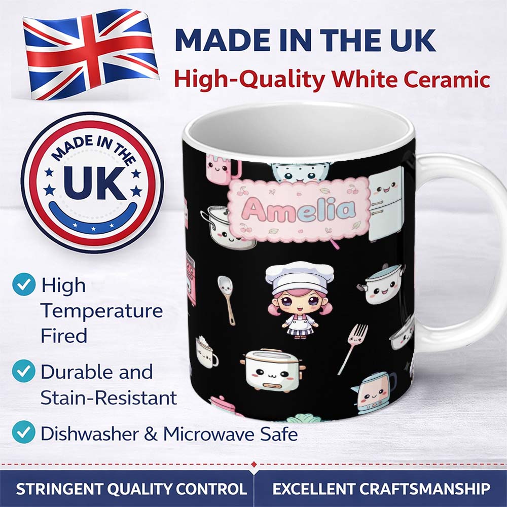Personalized Custom Name Cute Kawaii Chef Girl Kitchen Appliances Seamless Pattern Name 11oz Ceramic Coffee Tea Mug White Large Handle