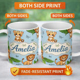 Personalized Custom Name Cute Jungle Animals Leaves Seamless Pattern Perfect Gift for Her 11oz Ceramic Coffee Tea Mug White Large Handle