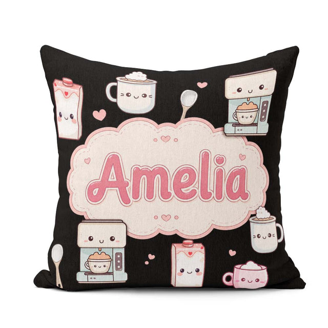 Custom Name Cute Kawaii Coffee Maker Items Seamless Pattern Name Square Filled Cushion Throw Pillow Sofa Bed Home Decor Zip Washable UK Made