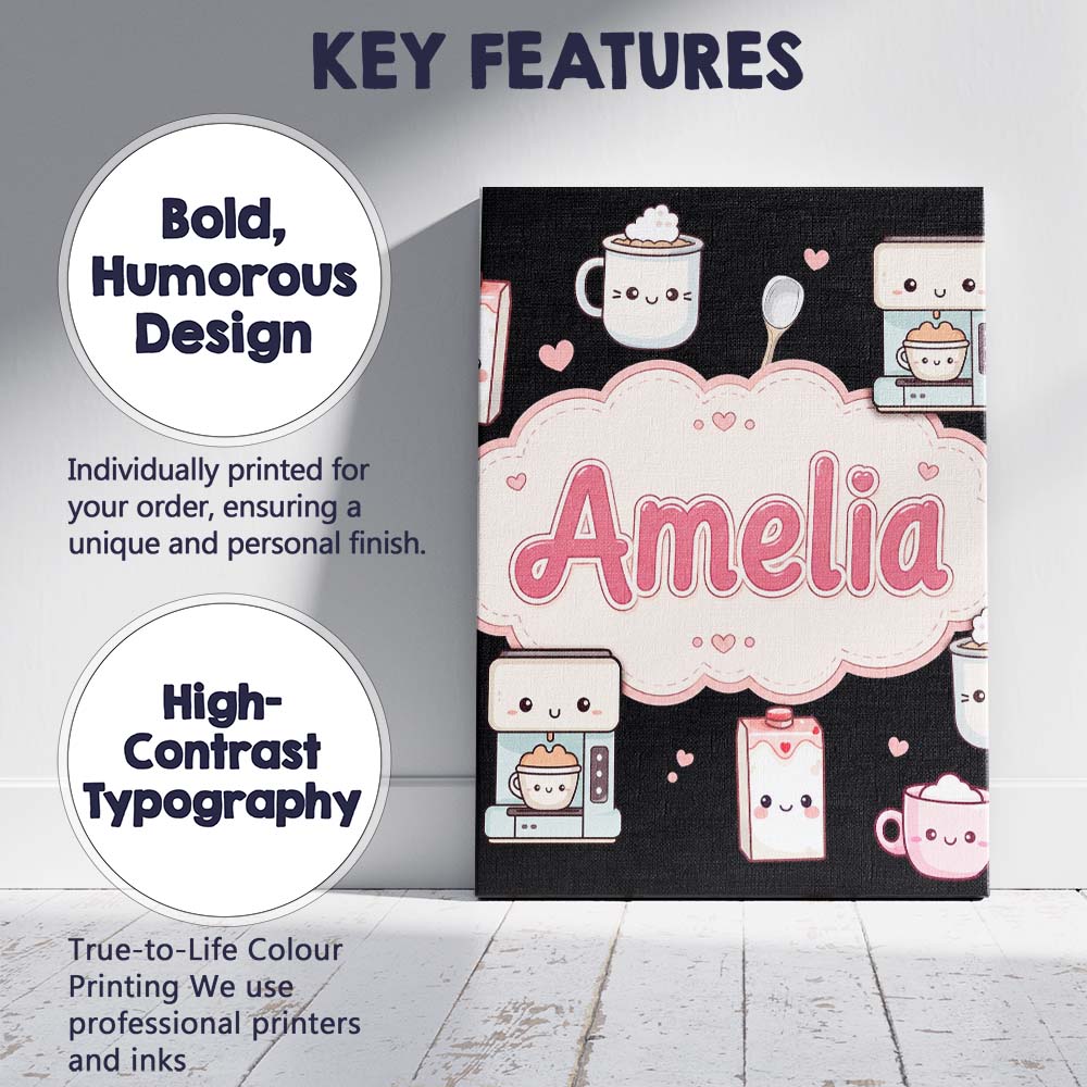Personalised Name Cute Kawaii Coffee Maker Custom  Unique Gift Idea Elegant Feature Canvas Wall Art Print Decor Picture Ready to Hang