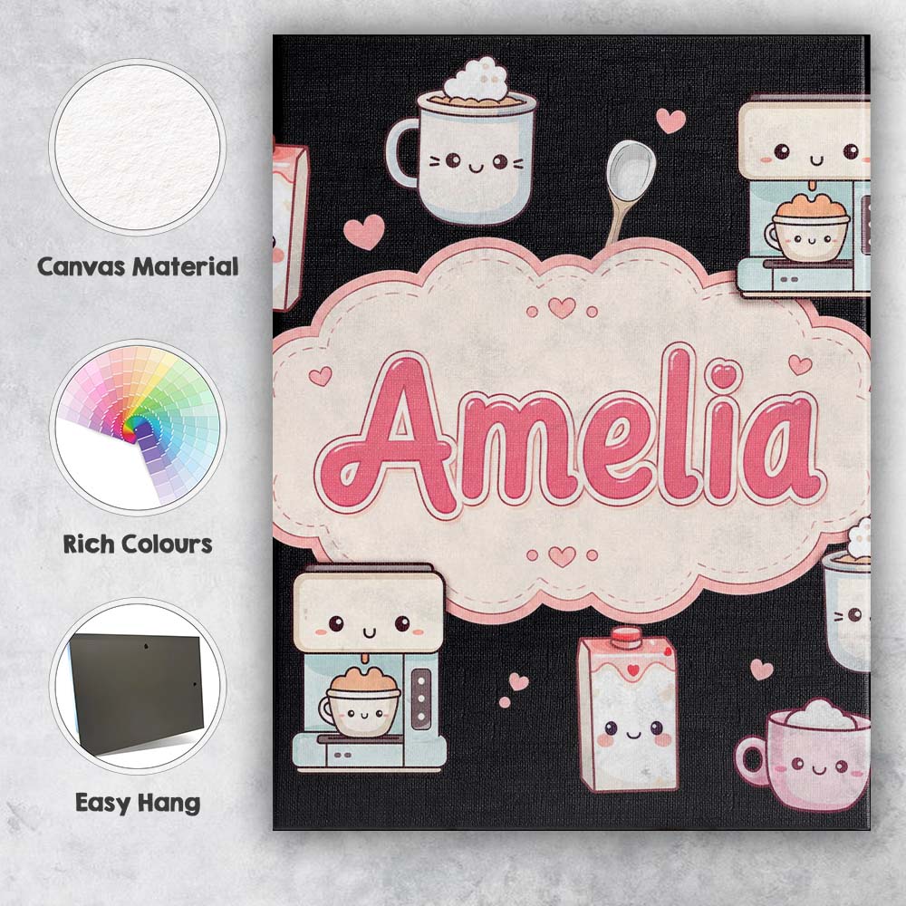 Personalised Name Cute Kawaii Coffee Maker Custom  Unique Gift Idea Elegant Feature Canvas Wall Art Print Decor Picture Ready to Hang