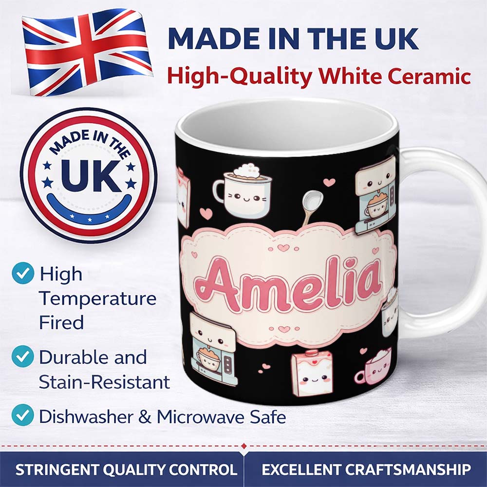 Personalized Custom Name Cute Kawaii Coffee Maker Kitchen Items Seamless Pattern Name Unique 11oz Ceramic Coffee Tea Mug White Large Handle