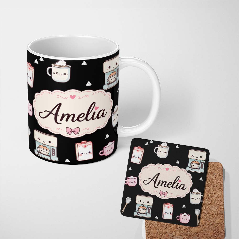Personalized Custom Name Cute Kawaii Coffee Machine Milk Carton Seamless Pattern Name Unique 11oz Ceramic Coffee Tea Mug White Large Handle