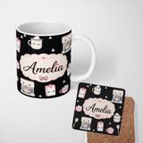 Personalized Custom Name Cute Kawaii Coffee Machine Milk Carton Seamless Pattern Name Unique 11oz Ceramic Coffee Tea Mug White Large Handle