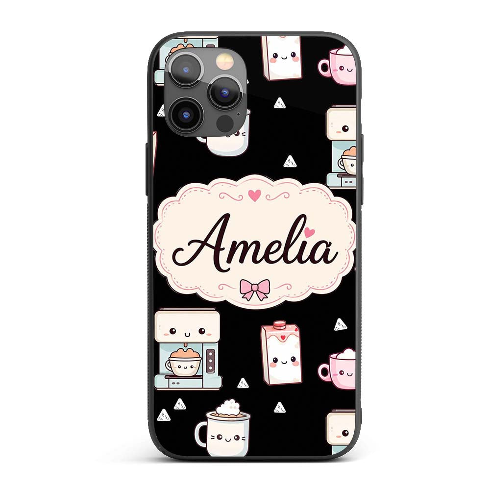 Cute Kawaii Coffee Machine Milk Carton Seamless Custom Name Protective Phone Case Mobile Cover Durable Everyday Smartphone Shock Resistant