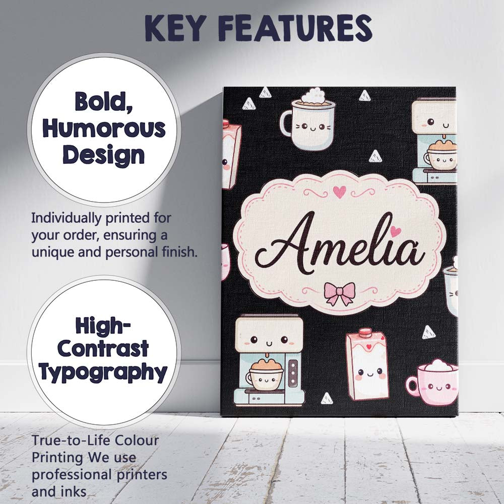 Personalised Name Cute Kawaii Coffee Custom Premium Decorative Design Modern Room Accent Canvas Wall Art Print Decor Picture Ready to Hang