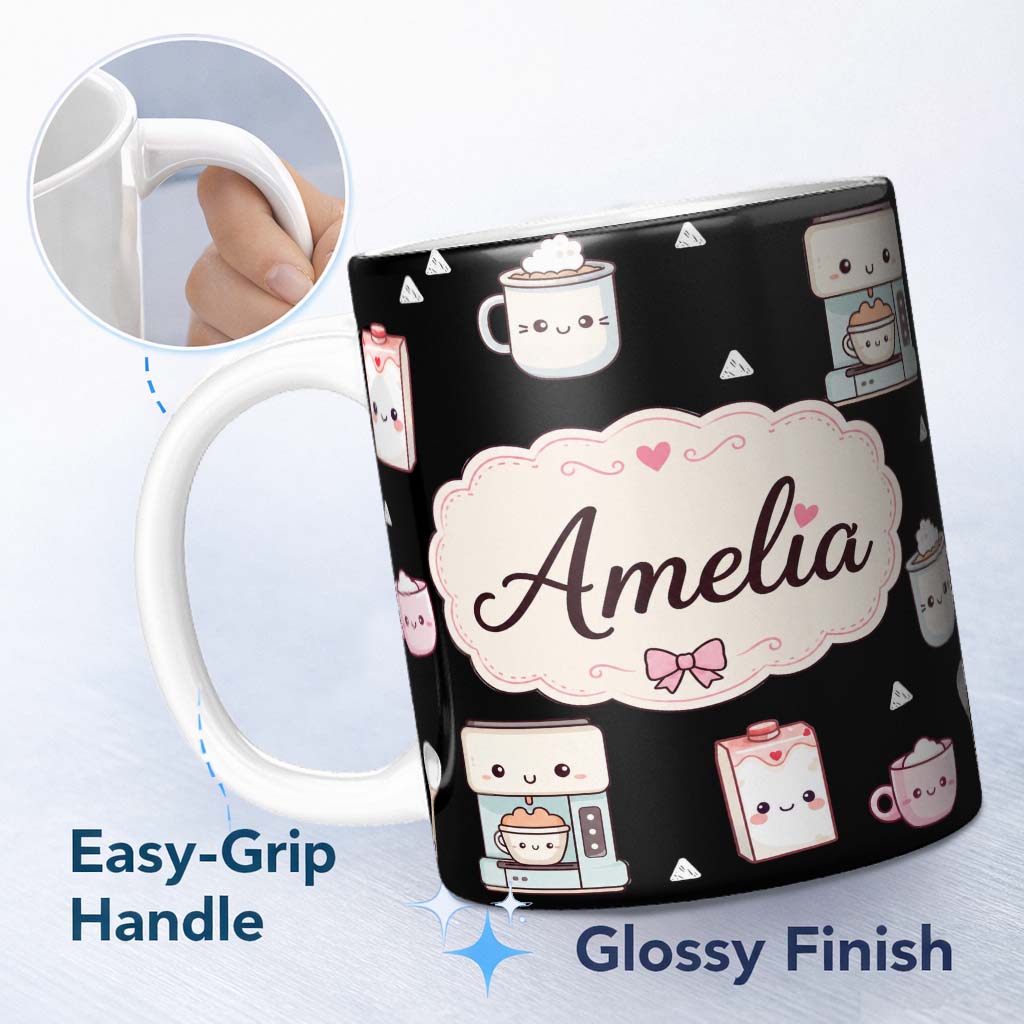Personalized Custom Name Cute Kawaii Coffee Machine Milk Carton Seamless Pattern Name Unique 11oz Ceramic Coffee Tea Mug White Large Handle