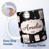 Personalized Custom Name Cute Kawaii Coffee Machine Milk Carton Seamless Pattern Name Unique 11oz Ceramic Coffee Tea Mug White Large Handle